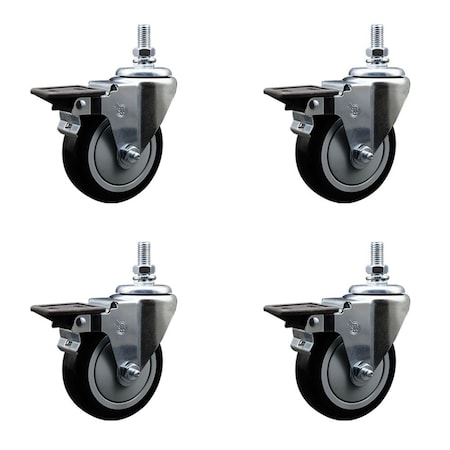 Service Caster 4 Inch Black Polyurethane 12 Inch Threaded Stem Caster Set with Brake SCC-TS20S414-PPUB-BLK-PLB-121315-4